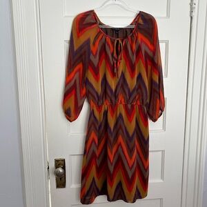 Banana Republic, Chevron-Print 3/4-Sleeve Dress in Red, Orange, Brown, Size 2